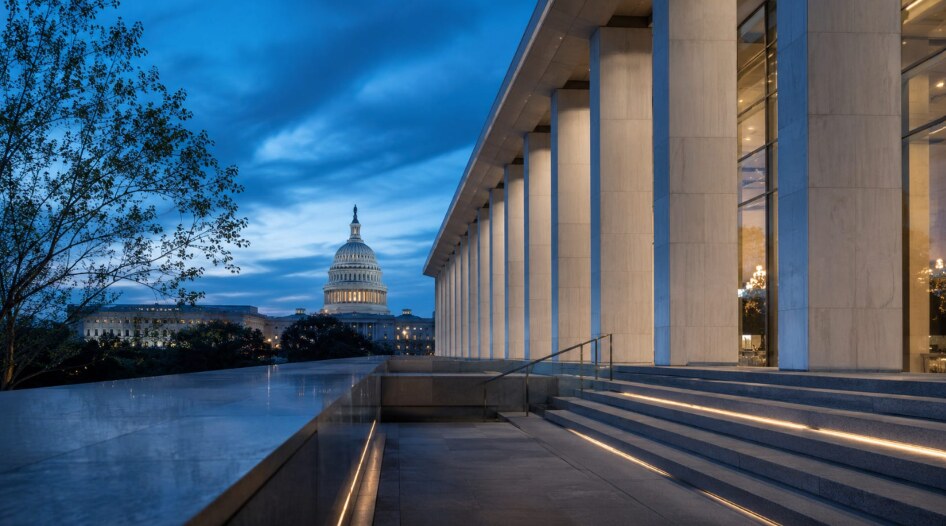 The United States Capitol viewed from a modern institutional setting